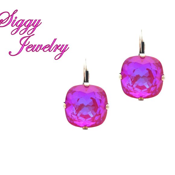 Raspberry Shimmer Premium Crystal Earrings, 12mm Cushion Cut Iridescent Hot Pink - Picture 1 of 3